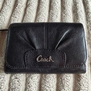 Coach Black Pebbled Leather Pleated Small Bifold Wallet Silver Script Logo
